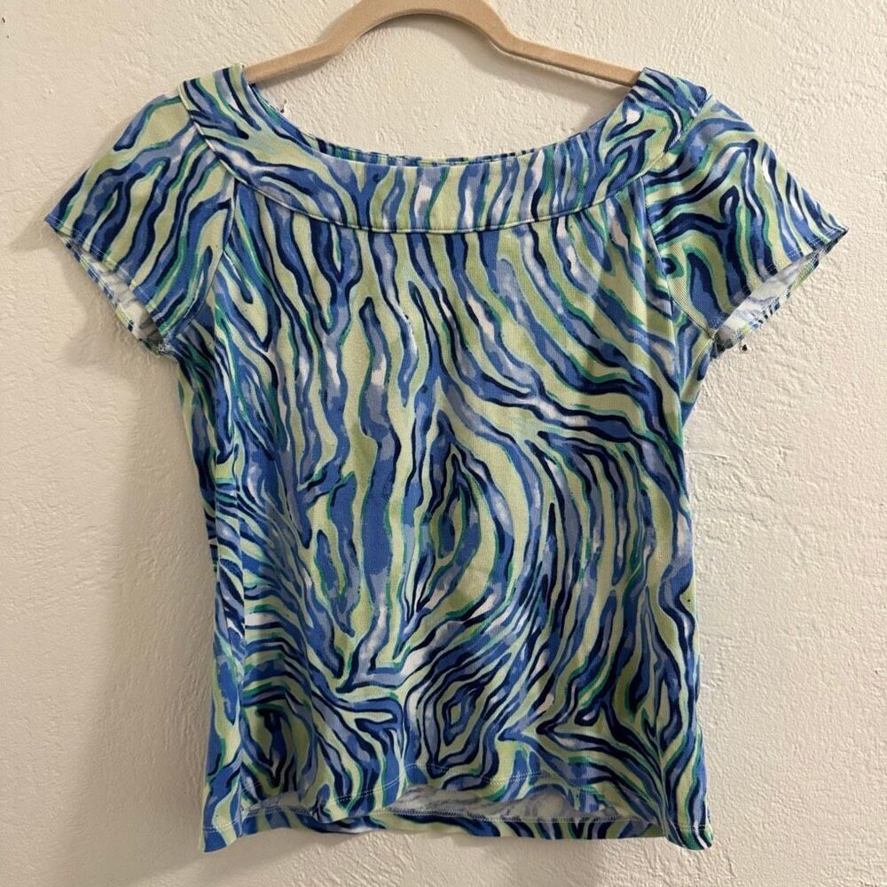 Vintage Rafaella Studio Blue Green Abstract Knit Short Sleeve Short M